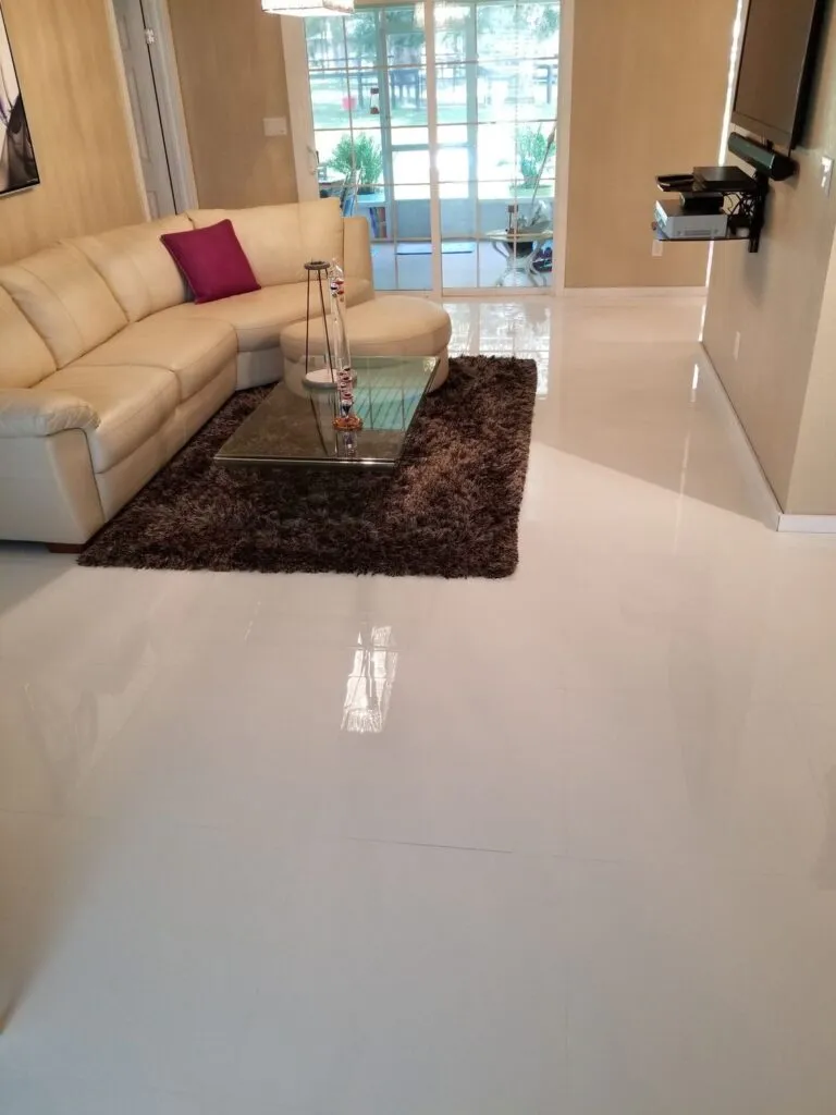 Large-format tile floor in a living room